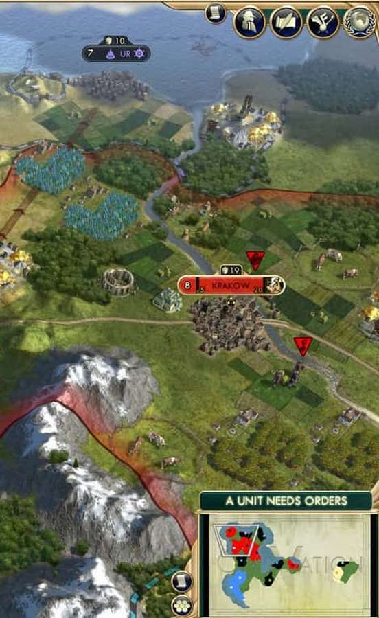 Strategic game map showing Krakow with surrounding terrain and unit controls. — Android Civilization V Background