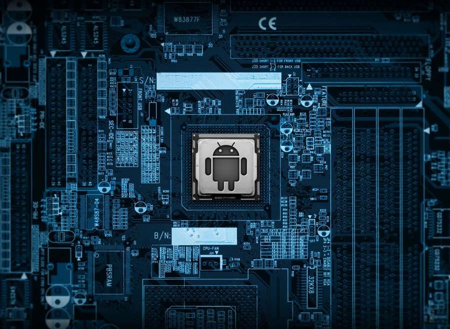 Motherboard berwarna biru dengan logo Android di soket CPU. — Android Computer Wallpaper