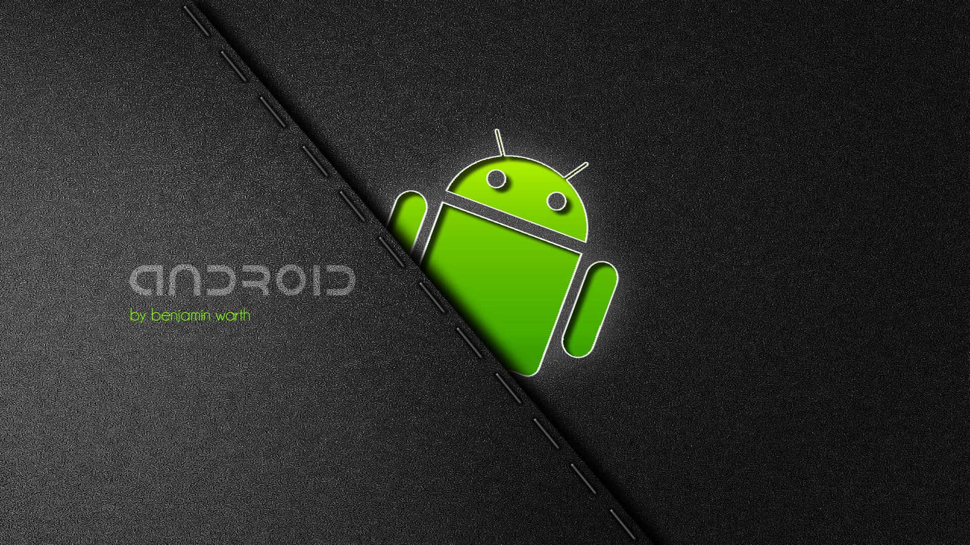 Vihreä Android-robotti kurkistaa mustan teksturoidun pinnan takaa, jossa on ommeltu sauma. — Android Computer Taustakuvat