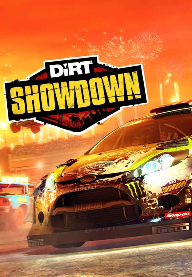 Rally car racing at sunset with fireworks in the background. — Android Dirt Showdown Background