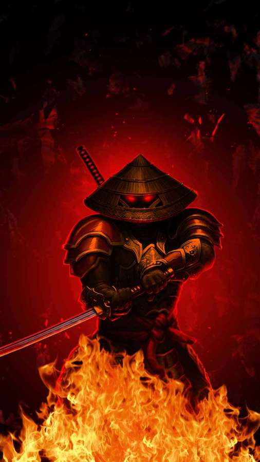 Ein maskierter Ninja-Krieger, der ein Schwert hält, umgeben von Flammen. — Android Fire Wallpaper