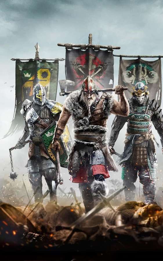 Three armored warriors stand on a battlefield with banners and broken weapons amidst smoke and fire. — Android For Honor Background
