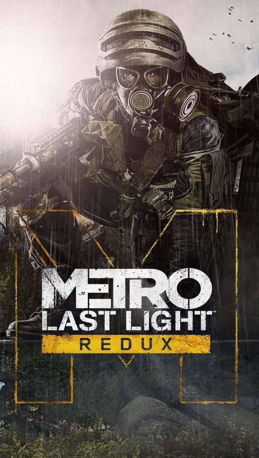 Soldier in gas mask holding weapon in rainy postapocalyptic scene with game title. — Android Metro Last Light Background