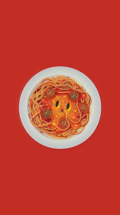 A cartoon plate of spaghetti with smiling meatballs on a red background. — Android Pasta Background