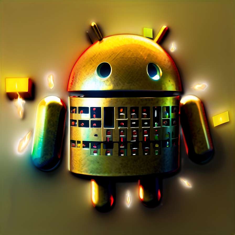 Glowing golden Android robot with circuit board torso and floating light cubes. — Android PNG