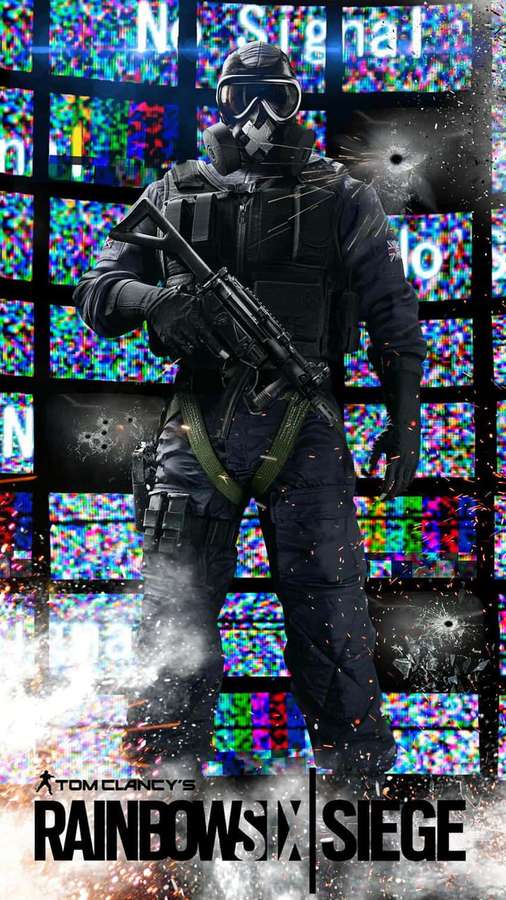 Tactical soldier in dark gear holding rifle against glitching screen wall with bullet holes. — Android Rainbow Six Siege Background