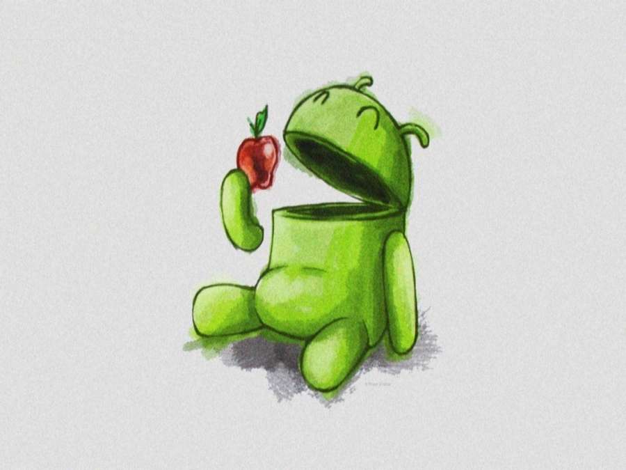 Grønn Android-maskot som holder et rødt eple med et smilende ansikt. — Android Skrivebord Bakgrunner