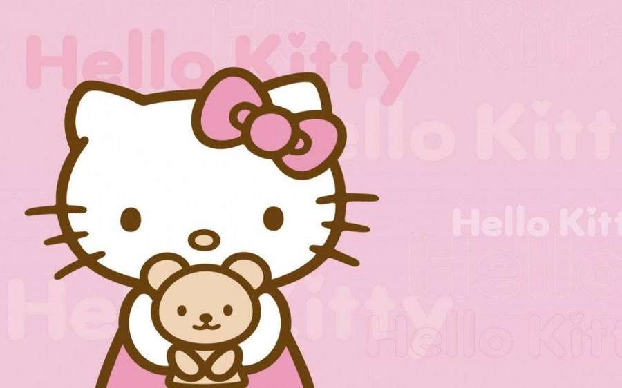 Hello Kitty hält einen Teddybären auf rosa Hintergrund mit sich wiederholendem Text. — Android Tablet Bilder