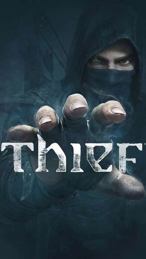 A masked thief in dark clothing extends a gloved hand forward in a game poster. — Android Thief Background