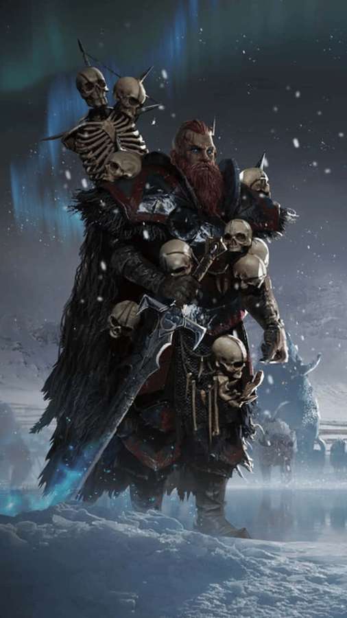 A bearded warrior in dark armor stands in snow holding skulls under an aurora. — Android Total War Warhammer Ii Background