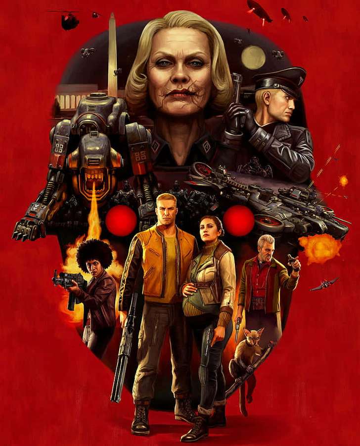 Sci-fi characters with weapons and a robot against a red background. — Android Wolfenstein Ii Background