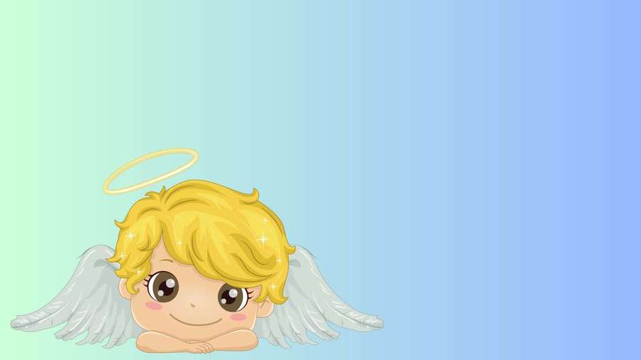 A cheerful cartoon angel with golden hair and white wings smiles against a pastel gradient sky. — Angel Background