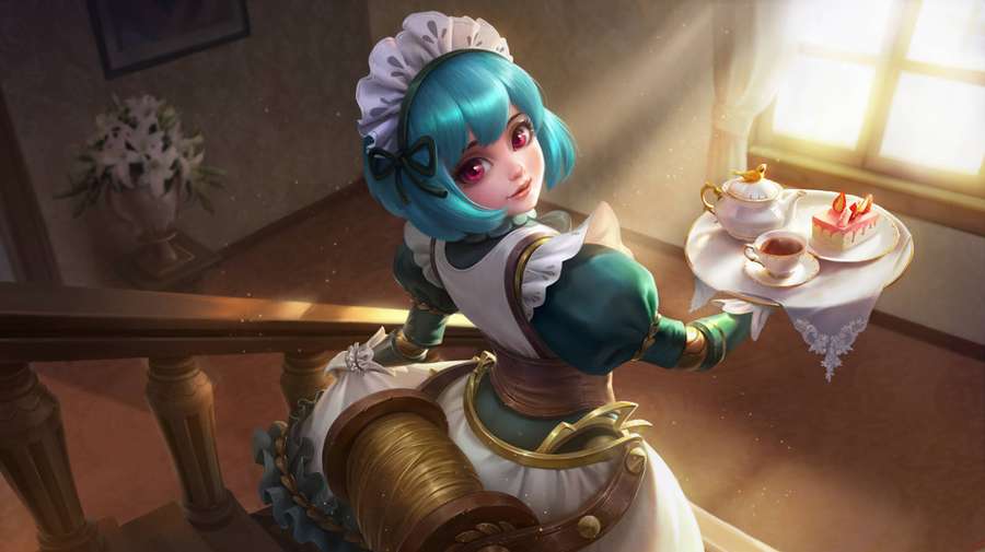 Anime maid serving tea and cake on a sunlit staircase. — Angela Mobile Legends Wallpaper