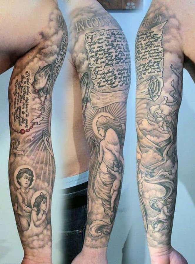 Tres brazos tatuados con escenas religiosas que incluyen ángeles y escrituras. — Ángeles Fondos de pantalla