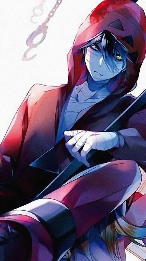 Personnage d'anime à capuche rouge tenant une lame avec des menottes flottantes au-dessus — Angels Fonds d'écran
