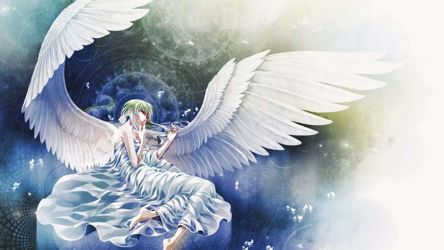 An angel with white wings and green hair sits in a cosmic blue and white nebula. — Angels Background
