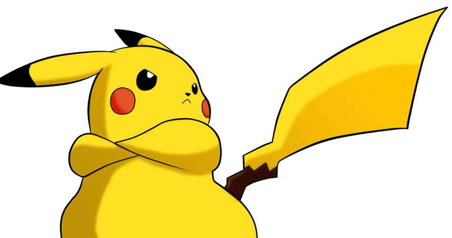 Yellow Pikachu holding its tail like a sword with a confident expression. — Angry Background