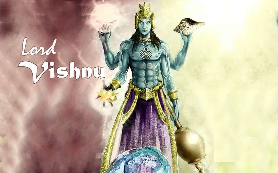 Lord Vishnu depicted as a blue-skinned deity holding sacred objects in a divine setting. — Angry Vishnu Wallpaper