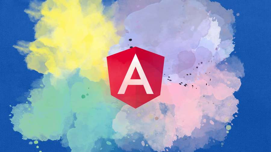 Angular logo in red hexagon surrounded by colorful watercolor splashes on blue background. — Angular Wallpaper