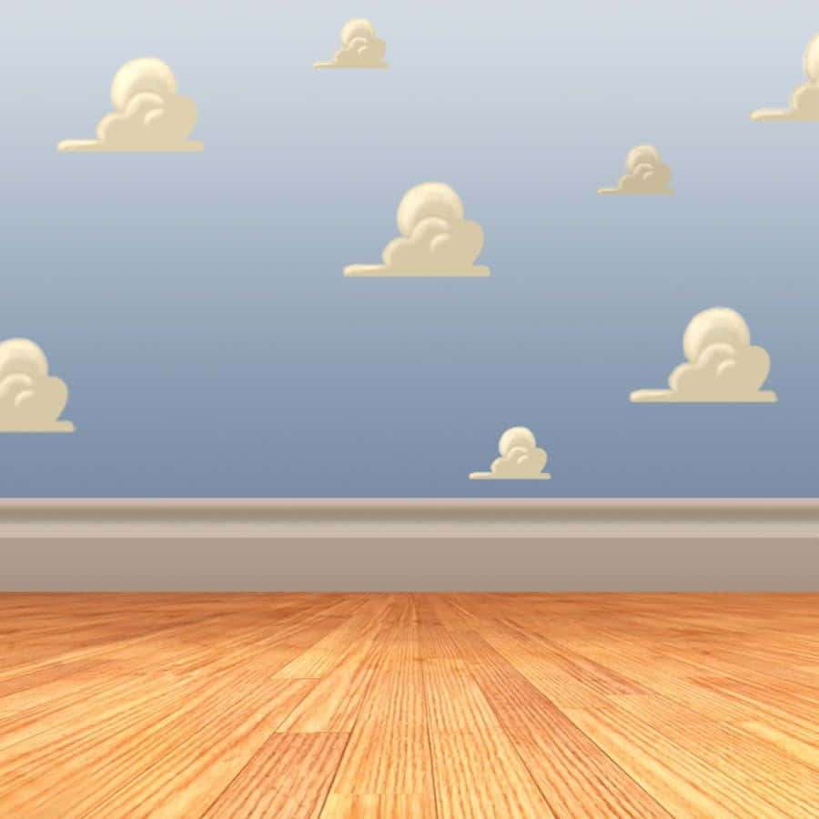 Suelo de madera y pared azul con nubes de dibujos animados flotando arriba. — Animación Fondos de pantalla