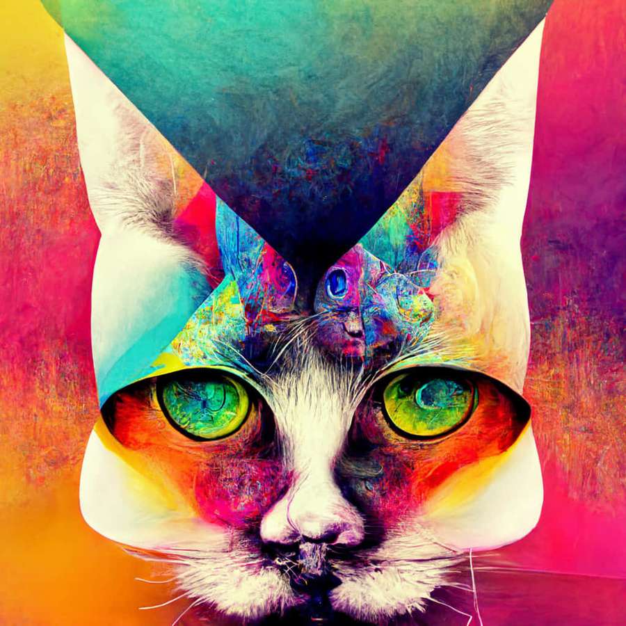 Un gato estilizado con ojos verdes brillantes y patrones abstractos coloridos. — Animales psicodélicos Fondos de pantalla