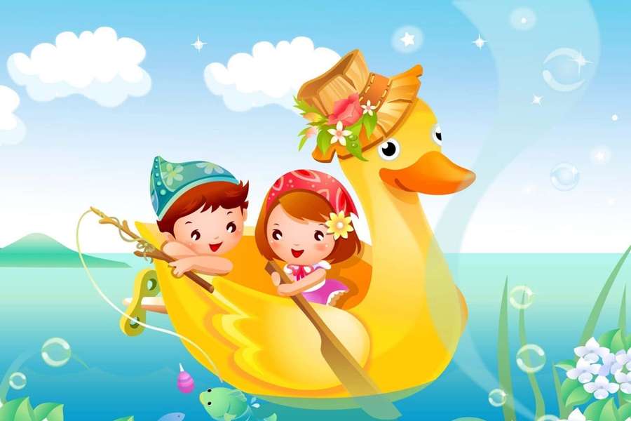 Two children joyfully rowing a yellow duck boat on a sunny lake with bubbles and flowers. — Animated Background
