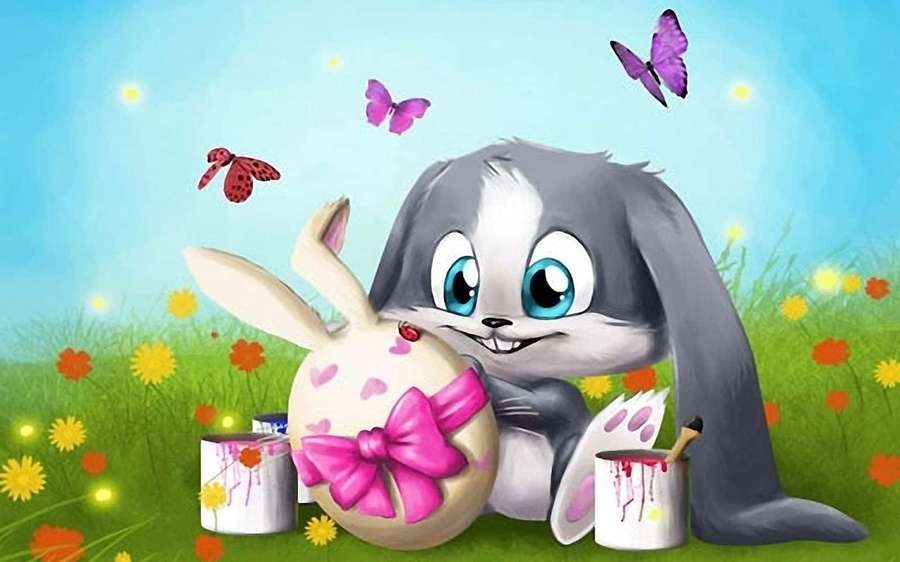 Cartoon bunny painting Easter egg in flower field with butterflies — Animated Cartoon Background