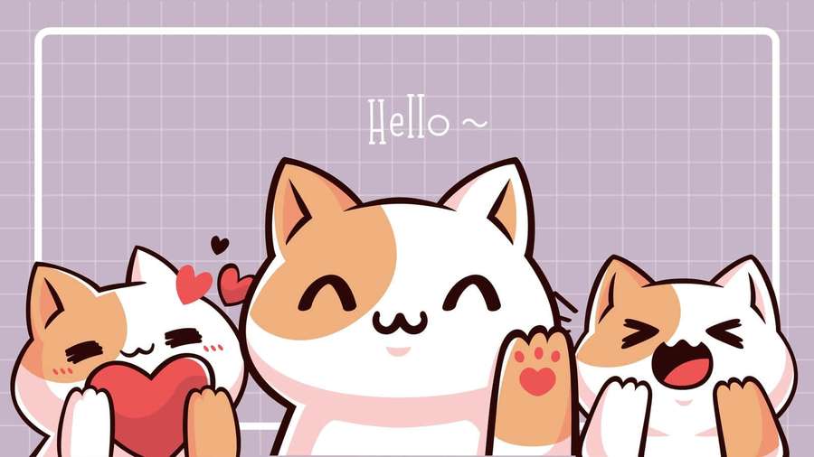 Three cheerful cartoon cats waving and holding hearts on a purple grid background. — Animated Desktop Background
