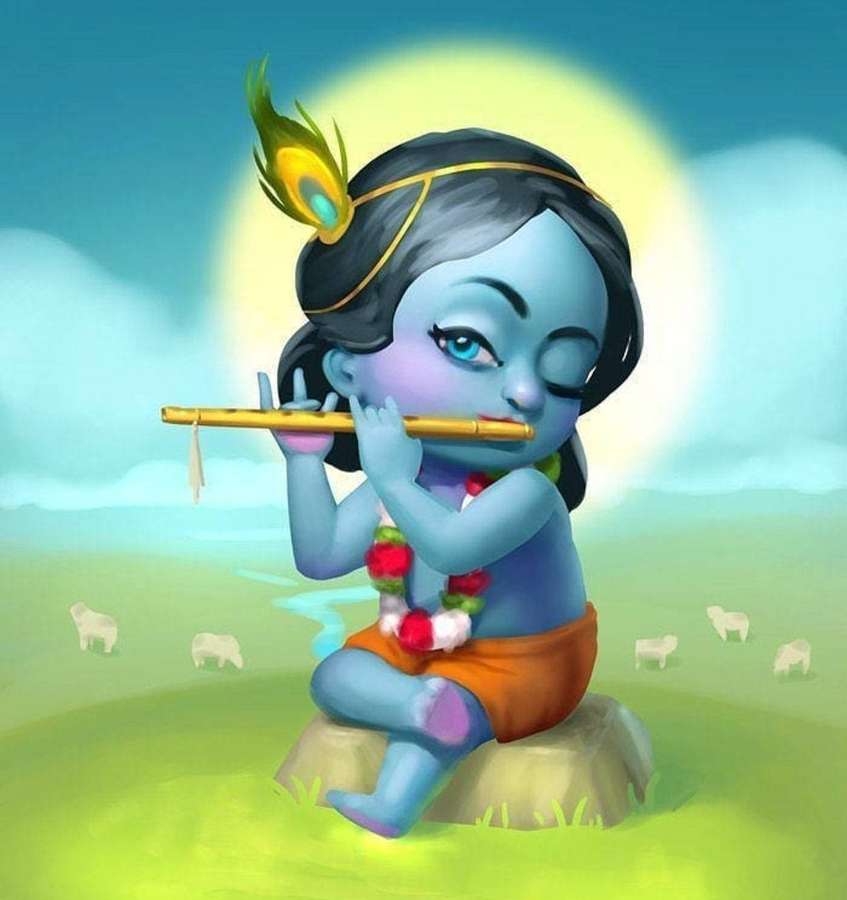Blue-skinned child playing flute on grassy hill with sheep and sun behind. — Animated Krishna Wallpaper