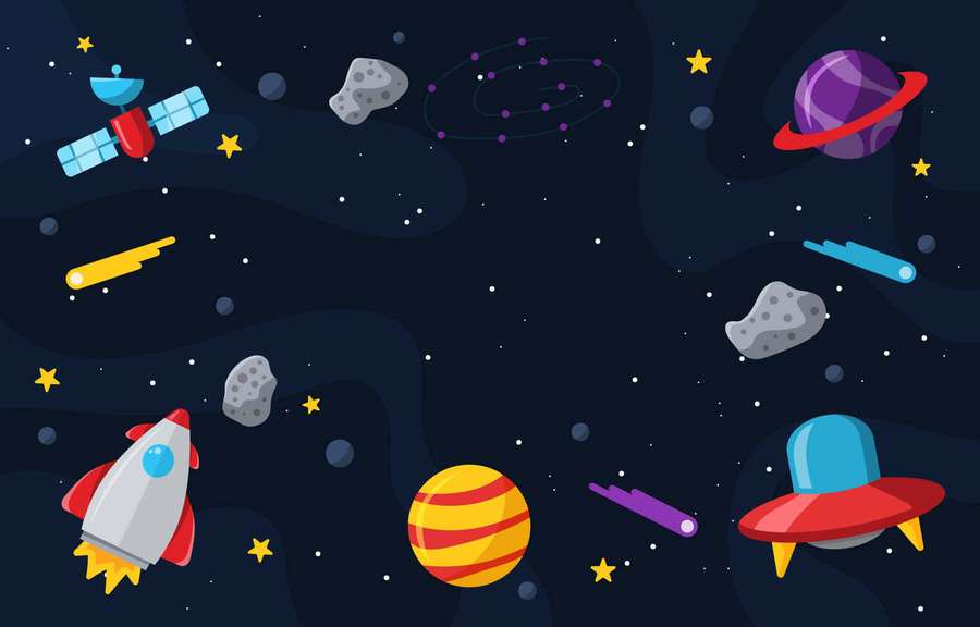 Cartoon space scene with rockets UFOs planets and stars. — Animated Space Background