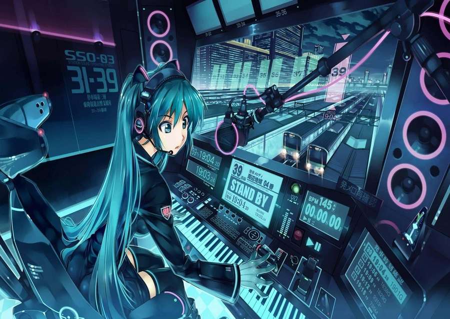 Anime girl in futuristic music studio with glowing screens and neon lights. — Animation Picture