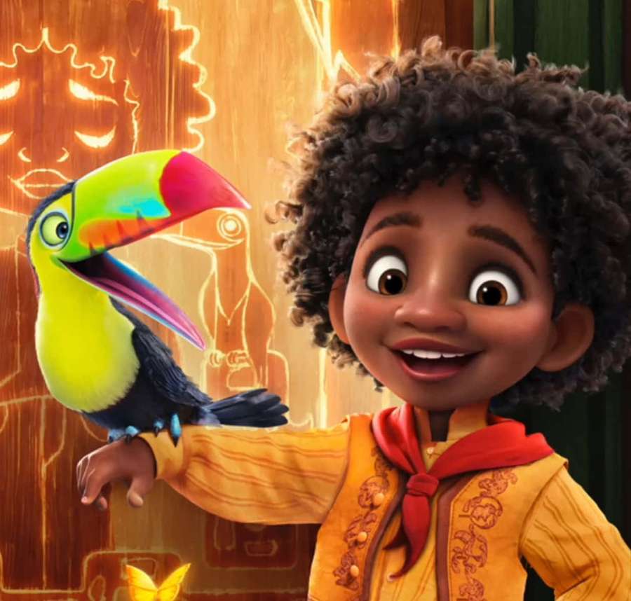 Bambino con tucano in ambiente di tempio luminoso — Animazione Sfondi