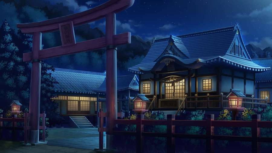 Japanischer Schrein bei Nacht mit leuchtenden Laternen und einem Torii-Tor unter Sternen. — Anime abend Wallpaper