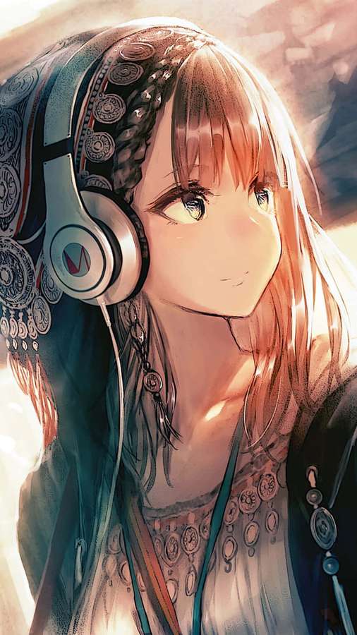 Anime-Mädchen mit Kopfhörern und verziertem Kopfschal, gebadet in warmem Sonnenlicht. — Anime-ästhetik Wallpaper