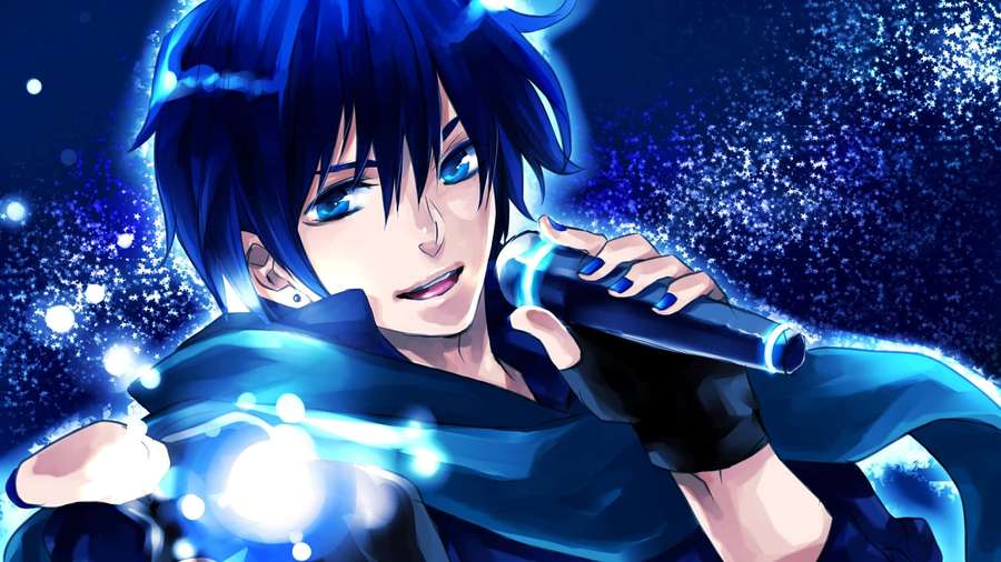 Anime male singer with blue hair and glowing eyes holding a microphone under starry lights. — Anime Boy Background