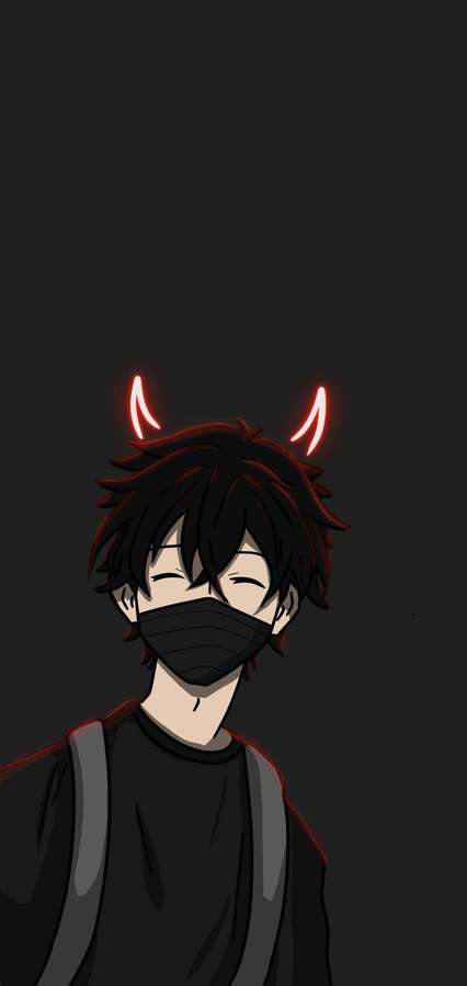 Anime character with glowing red horns and black face mask. — Anime Boy Dark Background