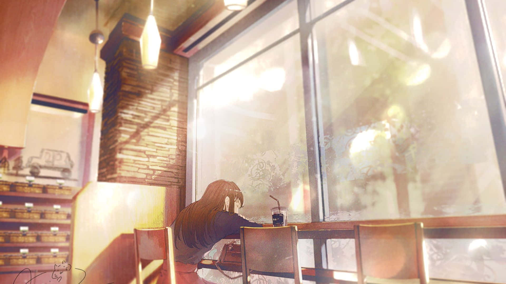 Anime girl sitting alone at a café window drinking coffee in warm sunlight. — Anime Cafe Background