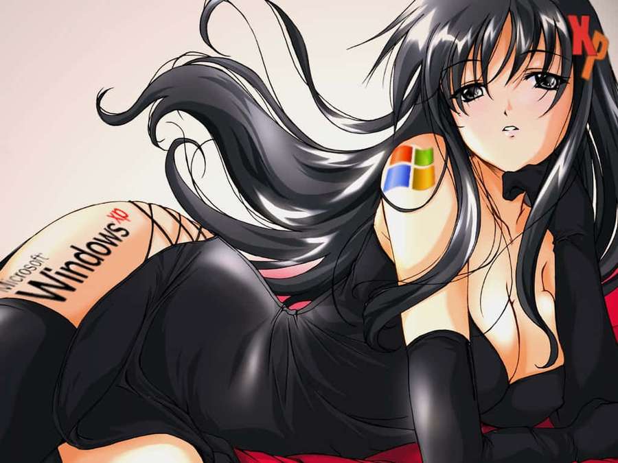 Chica anime con logotipos de Windows XP en la piel reclinada. — Anime Caliente Fondos de pantalla