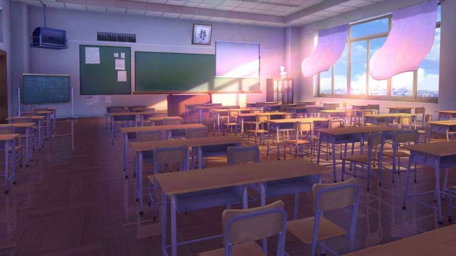 Empty anime classroom with purple sunset light through windows. — Anime Classroom Wallpaper
