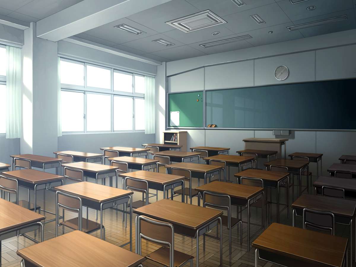 Sunlit empty classroom with wooden desks and a green chalkboard. — Anime Classroom Background