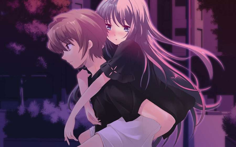 Two anime girls hugging in a purple-lit city at night. — Anime Couple Background