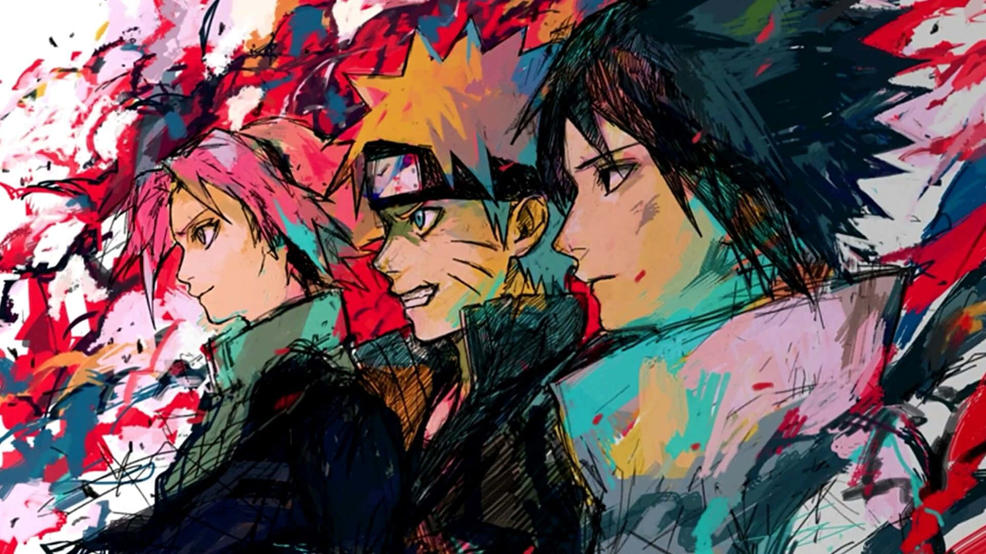 Drie anime-ninjapersonages in profiel met kleurrijke verfspatten achtergrond. — Anime Achtergronden