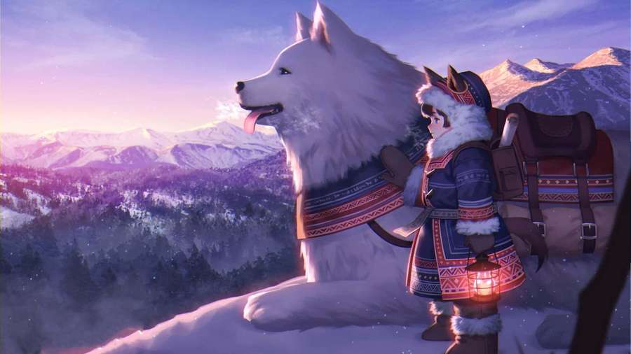 A person in winter gear stands with a large white wolf on a snowy mountain at twilight. — Anime Dog Picture