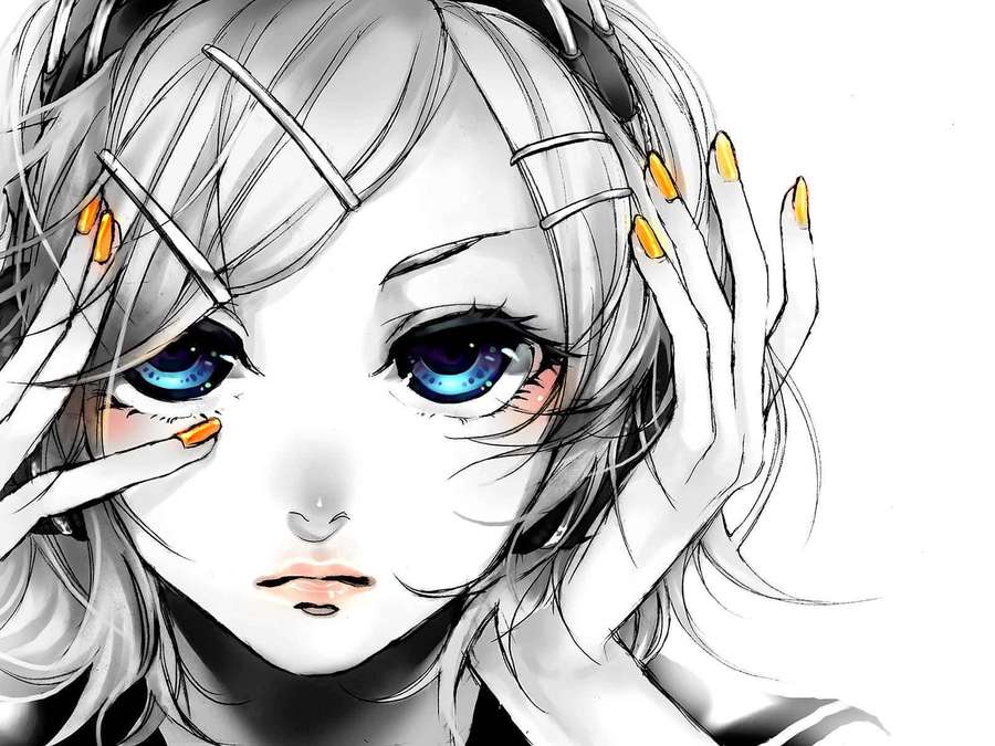 Anime girl with blue eyes and yellow nails touching her face. — Anime Drawing Background