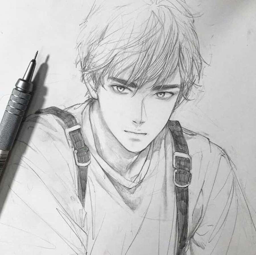 A pencil sketch of a young anime-style man with suspenders and intense eyes. — Anime Drawing Picture