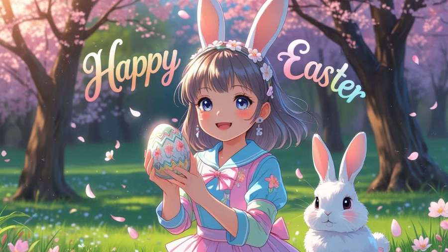 Anime-Mädchen mit Hasenohren hält Osterei mit weißem Hasen im Kirschblütenwald. — Anime Easter Wallpaper