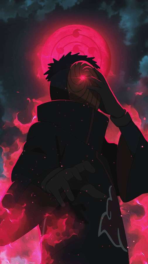 Ninja de anime em capa preta com olho vermelho brilhante contra lua vermelha flamejante. — Anime em HD Papéis de Parede