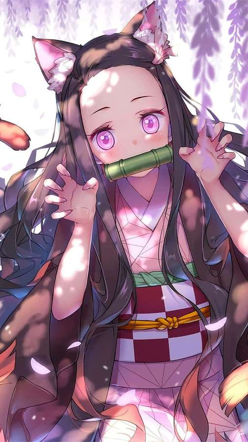 Garota anime com orelhas de gato tocando flauta de bambu sob cerejeiras. — Anime fofo Papéis de Parede