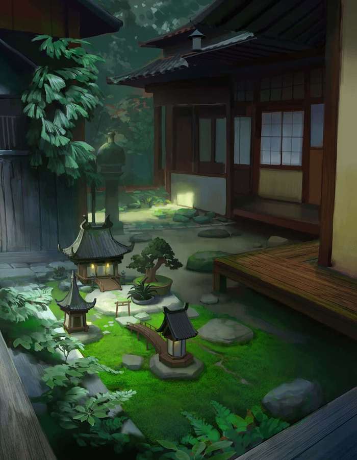 Traditioneller japanischer Gartenhof mit Steinwegen, leuchtenden Laternen und Holzarchitektur in der Dämmerung. — Anime garten Wallpaper