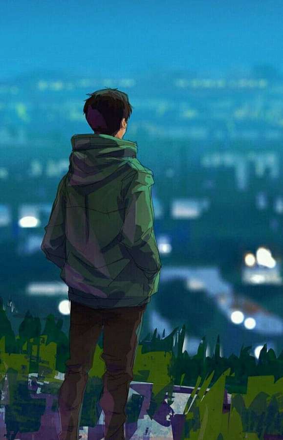 Ein junger Mann in einem grünen Kapuzenpullover blickt von einem Hügel auf eine leuchtende Stadt bei Nacht. — Anime iPhone Hintergrundbild